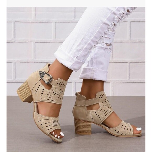 Khaki Tan Peep Shootie Open Toe Perforated Sandals Cutout Block Heels Sz 11 NEW - Picture 2 of 5
